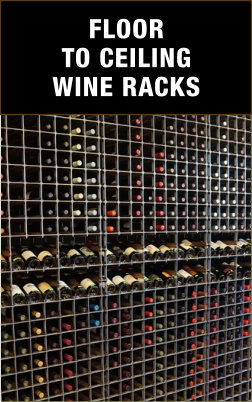A contemporary floor-to-ceiling retail wine rack elegantly showcasing an extensive collection of wine bottles