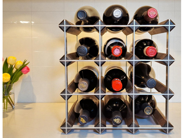Twelve-bottle Fine Wine Racks countertop wine rack in dark wood and aluminum on a residential kitchen counter