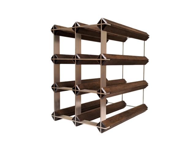 Empty Fine Wine Racks Bordeaux-style wine rack showing dark wood cradles and aluminum frame
