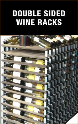 A versatile, two-sided retail wine rack displaying a wide variety of wine bottles on both sides, perfect for maximizing store space